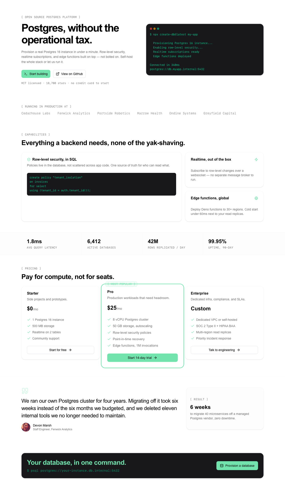 A landing page generated by Coherent from Supabase's design tokens